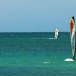 a group of people surfing in the ocean