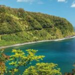 an island in the middle of a body of water surrounded by trees with Hana Highway in the background