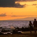 a group of people on a beach with a sunset in the background