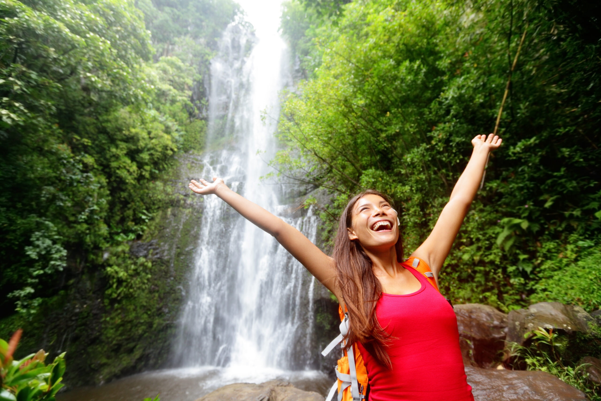 a person standing next to a waterfall on a maui private tour