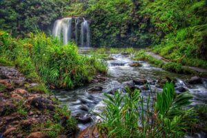 Waterfall and river flowing in Maui, Hawai'i